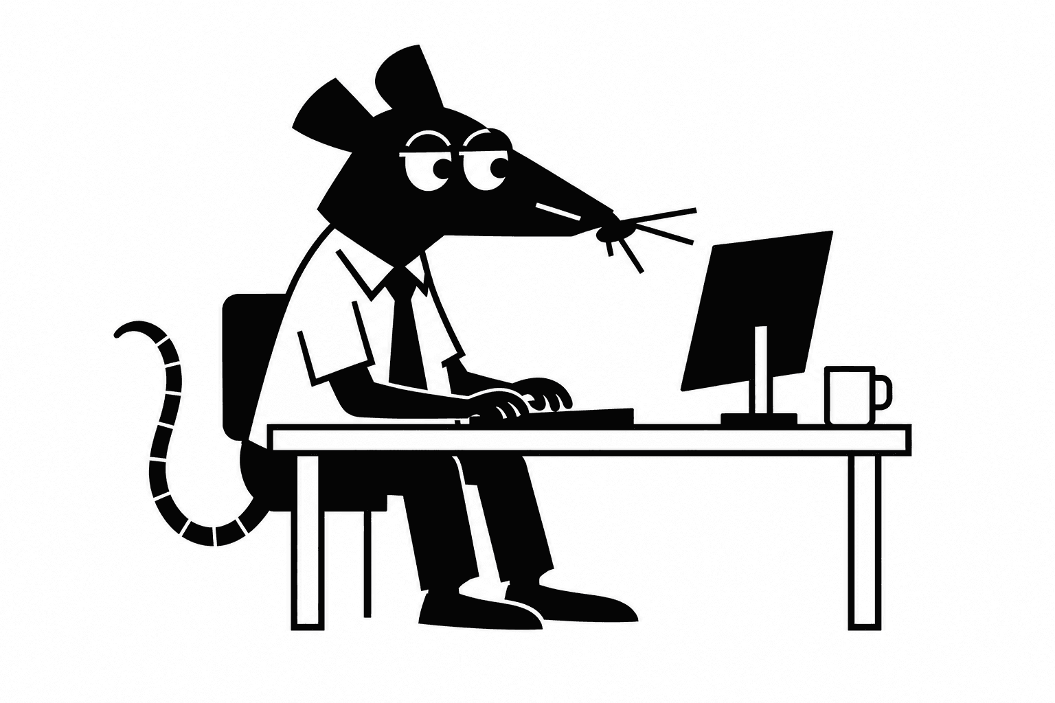 A black silhouette rat in a shirt and tie typing at a desk, with a computer and coffee mug.