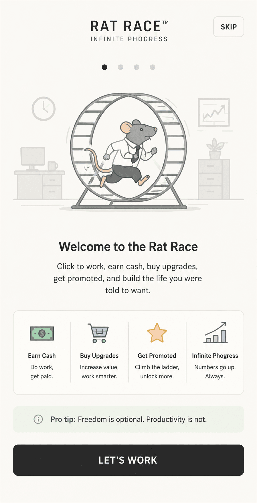 Rat Race Idle onboarding screen